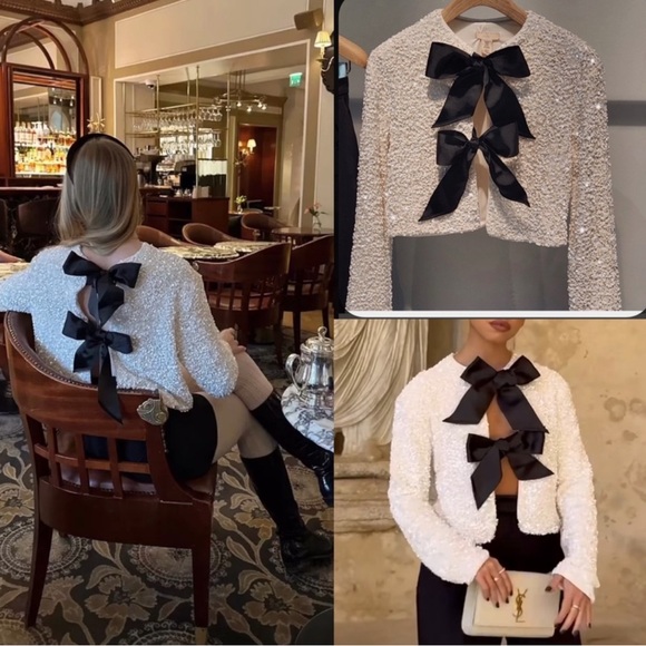 H&M viral bloggers fav white sequin black bow ribbon tie front cardigan sweater - Picture 4 of 7